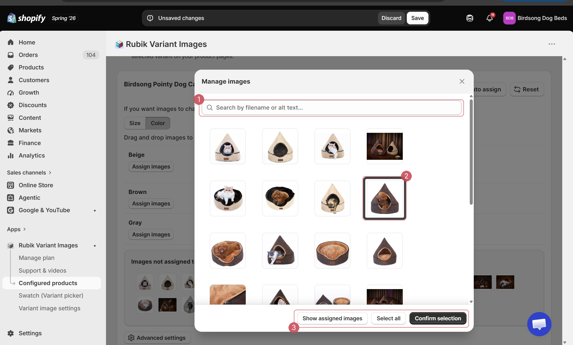 The Manage images modal, with the search field marked 1, a selected thumbnail marked 2, and the Select all and Confirm selection buttons marked 3