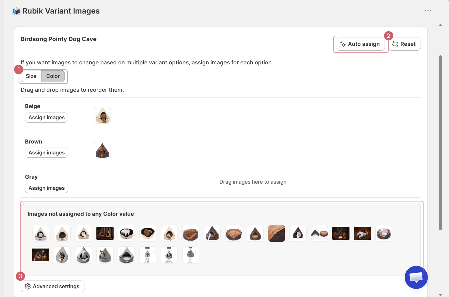 The Rubik interface with the Size/Color toggle marked 1, the Auto assign button marked 2, and the pool of unassigned images marked 3