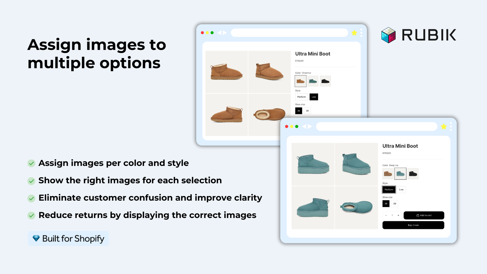 Two storefront product pages side by side: selecting a chestnut boot shows chestnut photos, selecting the teal one shows teal photos