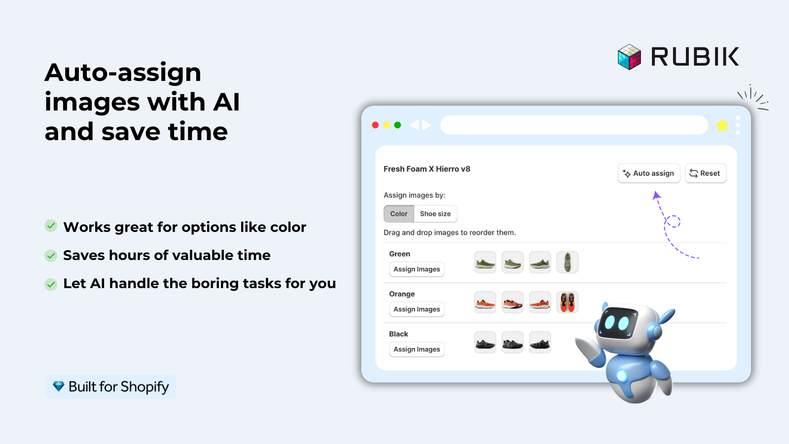 Rubik's own marketing image for the AI auto-assign feature, showing shoe photos sorted into Green, Orange and Black