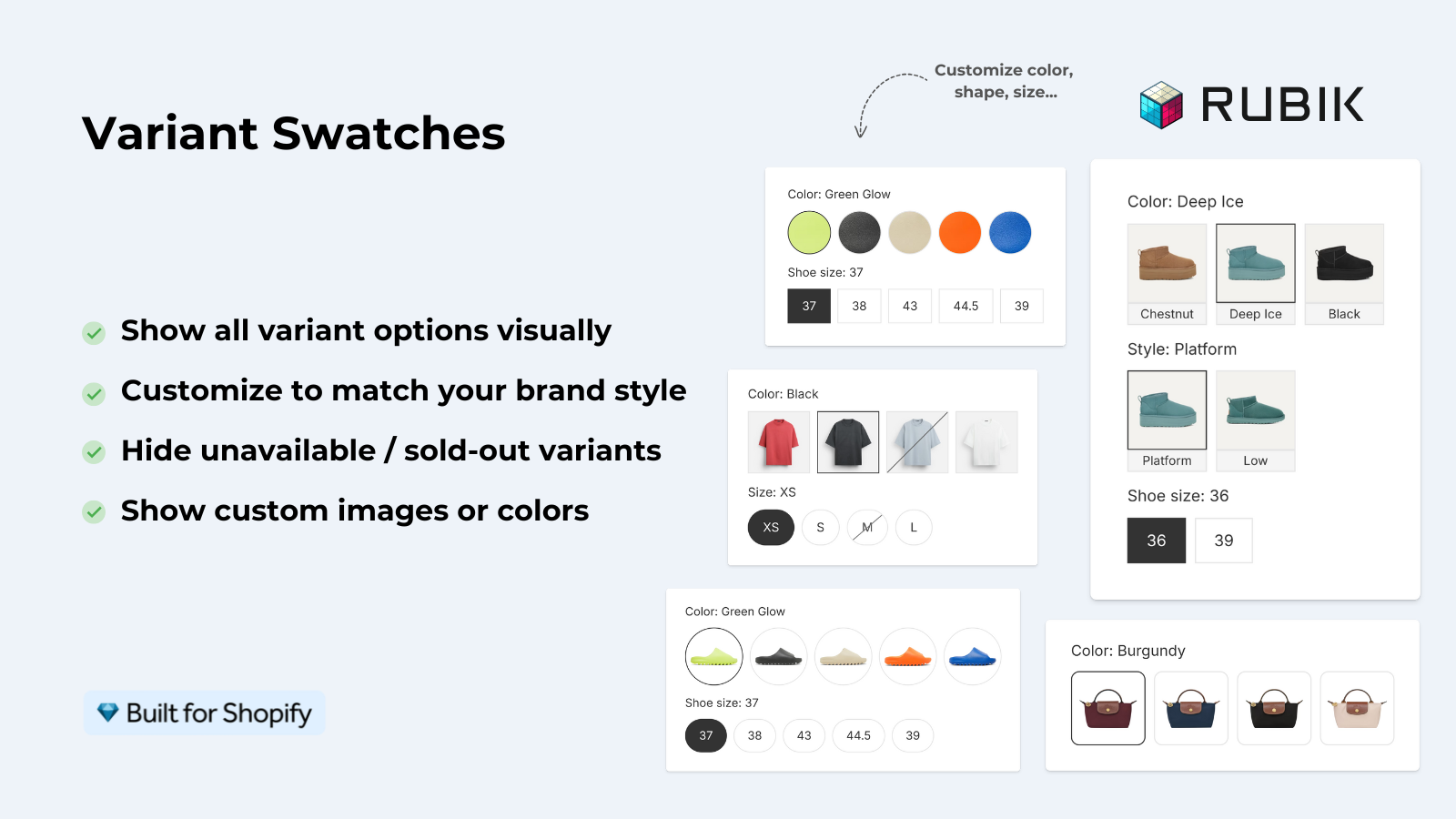 Rubik's variant swatch examples: colour circles, image thumbnails, and sizes with sold-out options struck through