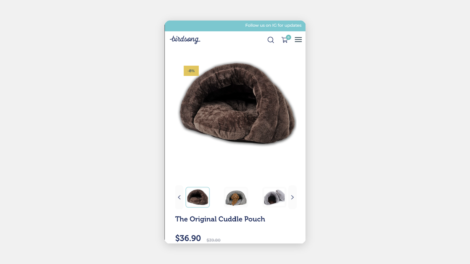 The Birdsong Cuddle Pouch product page on mobile, with a brown bed as the main image and a thumbnail strip running brown, grey, grey