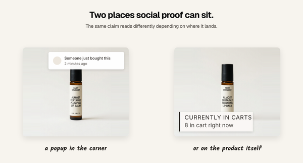 The same product shown twice: a corner popup on one, a label on the product image on the other